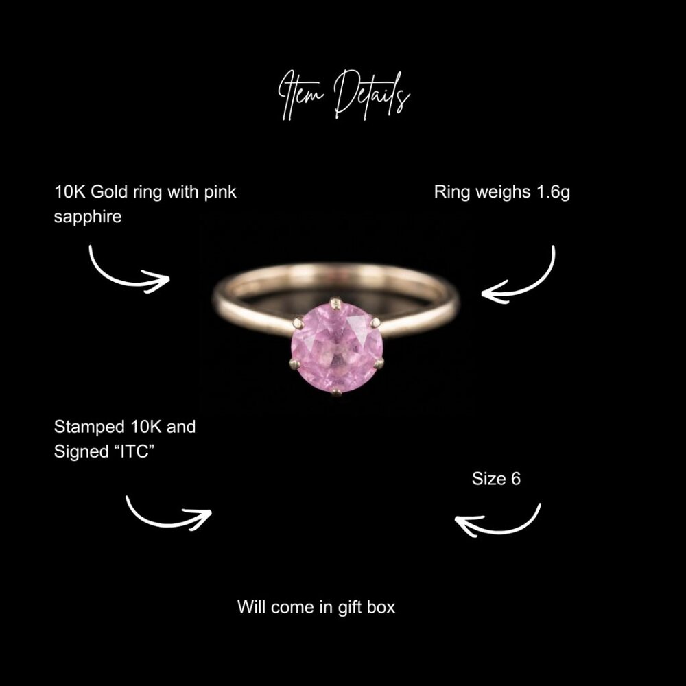 10k Yellow Gold And Pink Sapphire Vintage Round Solitaire Ring Size 6 Signed - Picture 10 of 10